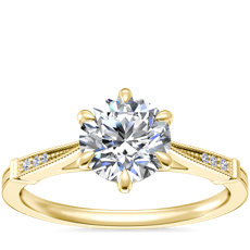 Anillo de compromiso retro de diamante con milgrain y seis puntas en oro amarillo de 14 k